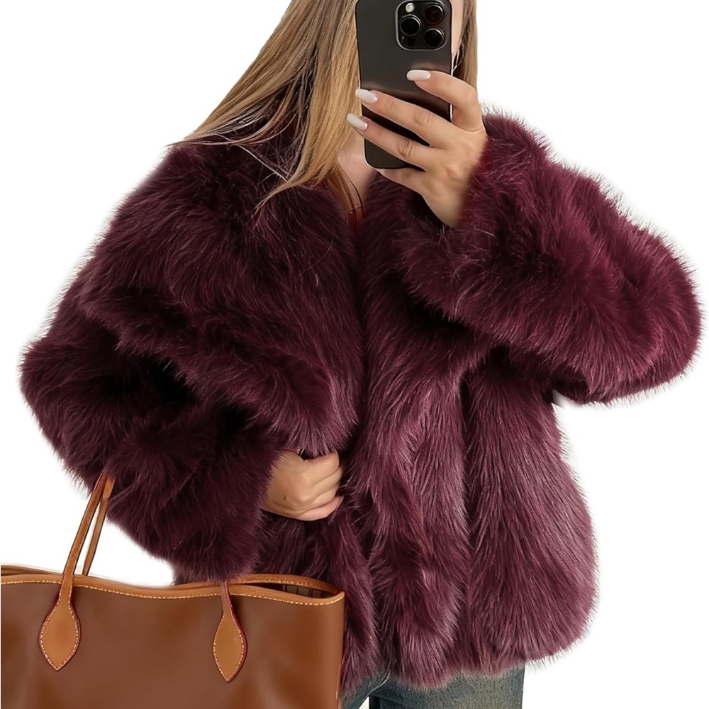 Flygo Women's Faux Fur Coat Short Coat(WineRed-S)